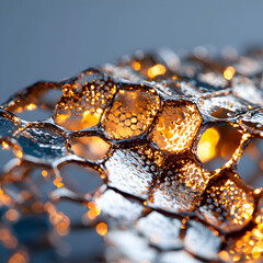 Close-up of a reflective cellular structure illuminated from within. Ideal for futuristic design or scientific visuals showcasing light interaction and geometric patterns.