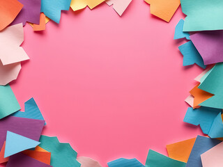 A vibrant pink background framed with colorful paper cutouts. The arrangement features a variety of shapes and shades, perfect for creative projects or decorative designs.