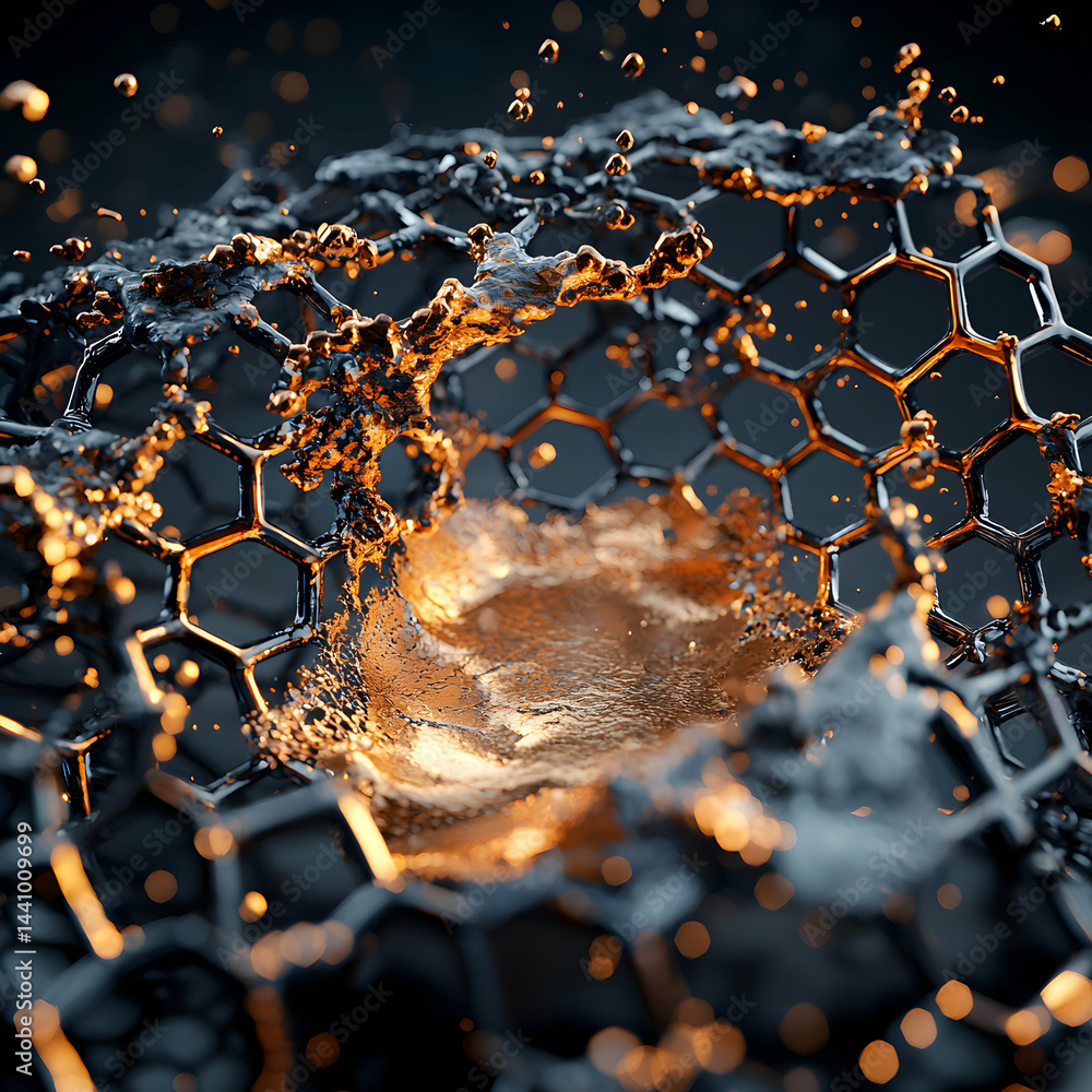 Poster abstract image of a honeycomb structure with gold-like fluid. potential applications in nanotechnolo