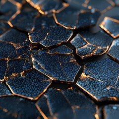 Abstract image of broken hexagon shapes. Gold accents and textured surfaces create an interesting visual. Ideal for backgrounds or graphic designs.
