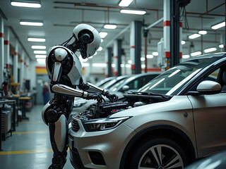 A humanoid robot works on a car engine in a modern garage. The sleek design highlights the fusion of technology and automotive maintenance, showcasing innovation in robotics.