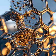 Abstract hexagonal structure with droplets and light reflections. Perfect for scientific visualizations or artistic design elements and backgrounds.