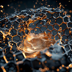 Abstract image of a honeycomb structure with gold-like fluid. Potential applications in nanotechnology or scientific visualizations. Captivating visuals for various media.