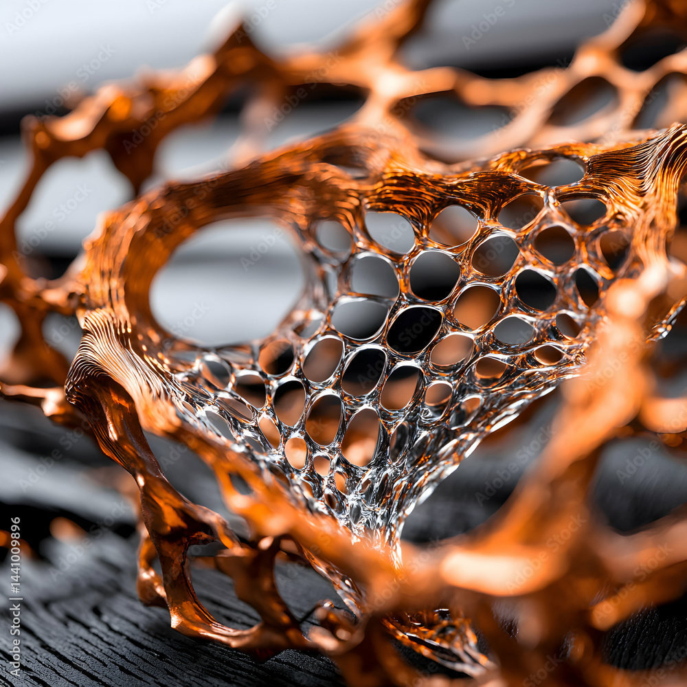 Poster a close-up shot of an intricate metallic structure showcasing a porous design and a copper-like colo