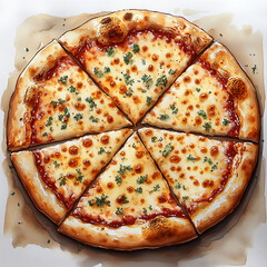 Appetizing watercolor illustration of a freshly baked cheese pizza with melted mozzarella, tomato sauce, and herbs. The pizza is sliced into six pieces and placed on parchment paper.