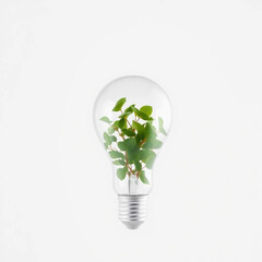 "8K Photorealistic Transparent Glass Light Bulb Filled with Green Leaves on White Background"

