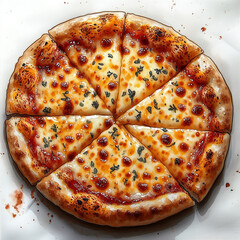 Appetizing watercolor illustration of a freshly baked cheese pizza with melted mozzarella, tomato sauce, and herbs. The pizza is sliced into six pieces and placed on parchment paper.