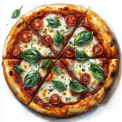 Delicious Italian pizza Margherita with melted mozzarella cheese, fresh basil leaves, and cherry tomatoes. Top view of sliced pizza on a white background. 