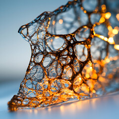 Abstract close-up of a translucent structure resembling a cellular network. It shows intricate details and glowing light creating a futuristic art piece.