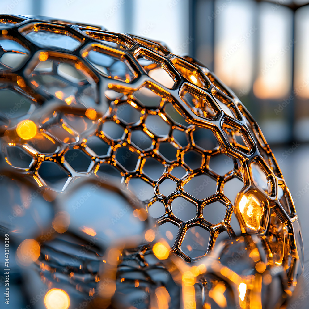 Poster close up of a reflective geometric structure showcasing a honeycomb design. this could be an art ins