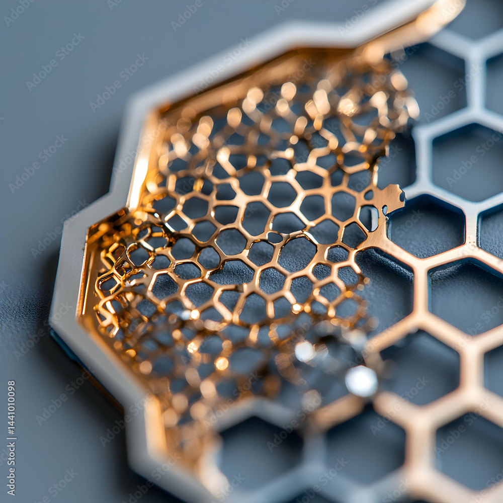 Poster this is a close-up image of a detailed gold geometric design with honeycomb pattern. it would be per