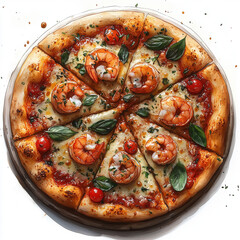High-quality watercolor illustration of a gourmet shrimp pizza topped with melted cheese, fresh basil leaves, cherry tomatoes, and herbs. The pizza is sliced and arranged in a round shape