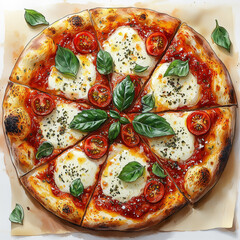 Delicious Italian pizza Margherita with melted mozzarella cheese, fresh basil leaves, and cherry tomatoes. Top view of sliced pizza on a white background. 