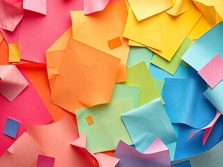 A vibrant assortment of colorful sticky notes and paper scraps scattered on a surface, featuring a harmonious blend of pink, orange, yellow, green, and blue hues.