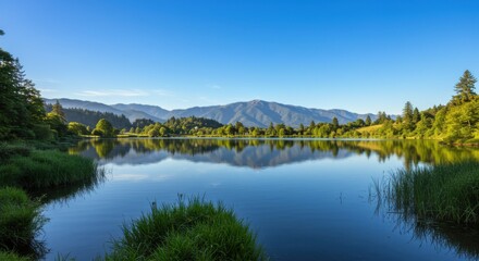 Peaceful waters reflecting lush trees and distant mountain peaks under a clear sky.