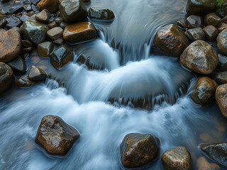 A serene stream flows through smooth, rounded stones, creating a calming atmosphere. The gentle movement of water contrasts beautifully with the rugged texture of the rocks.