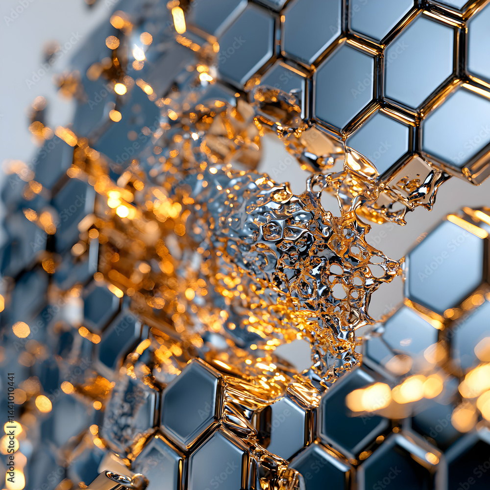 Fototapete Abstract composition featuring a metallic honeycomb structure with a liquid substance flowing through it. Suitable for futuristic technology concepts.