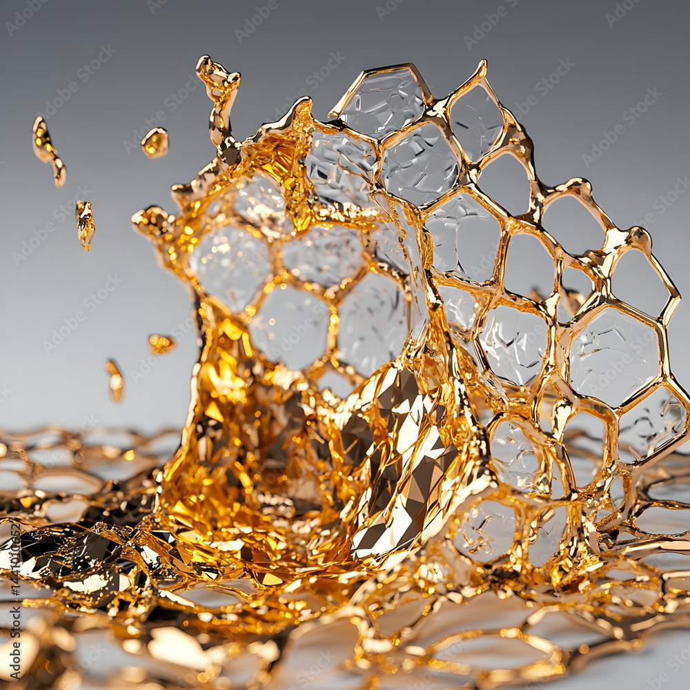Poster dynamic abstract art depicts liquid gold forming a honeycomb structure with crystal elements. ideal 