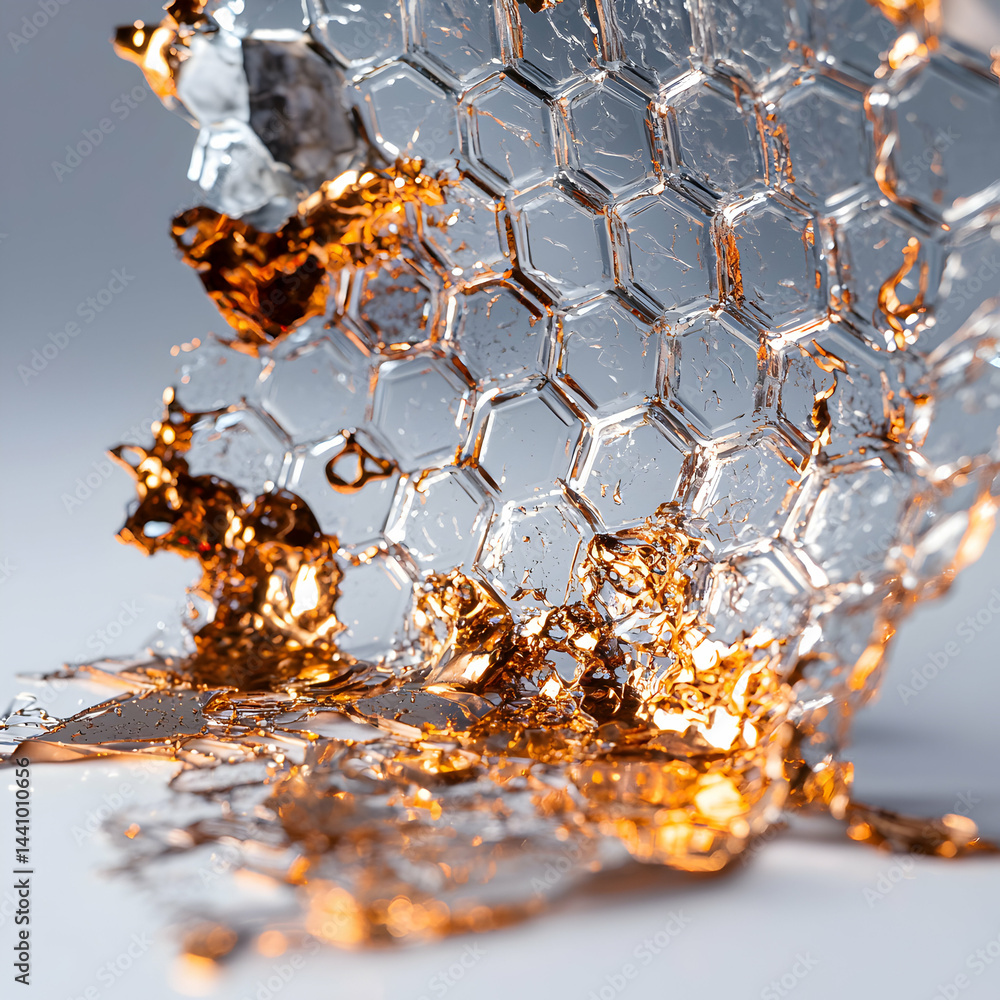 Poster an abstract image of a honeycomb structure with gold accents. suggests innovation technology or arti