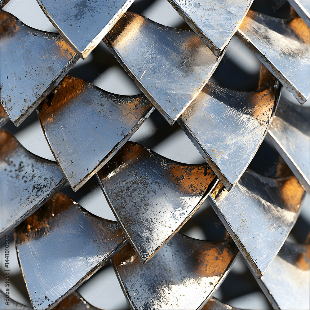 Poster close-up view of overlapping metal scales texture. this image is suitable for abstract art designs t