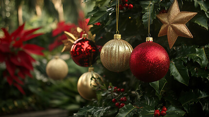 Festive Christmas tree adorned with shimmering gold and red ornaments and a sparkling star topper.