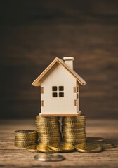 Rustic money-saving scene with wooden house on golden coins stack.
