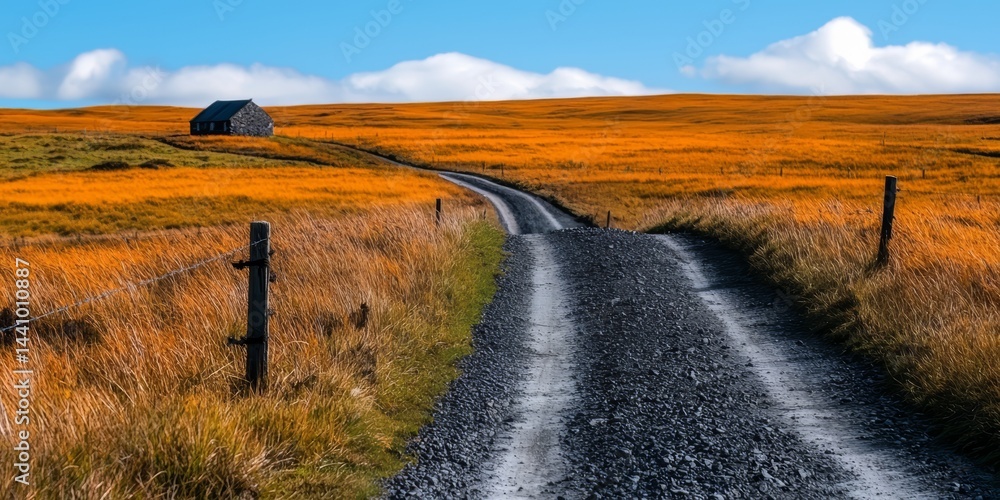 Poster road with a fence on the side and a house in the distance. the road is empty and the sky is blue