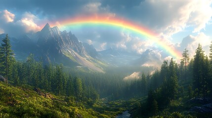 Majestic Mountain Landscape With Vivid Rainbow Scenery Peaceful Environment High Resolution Image