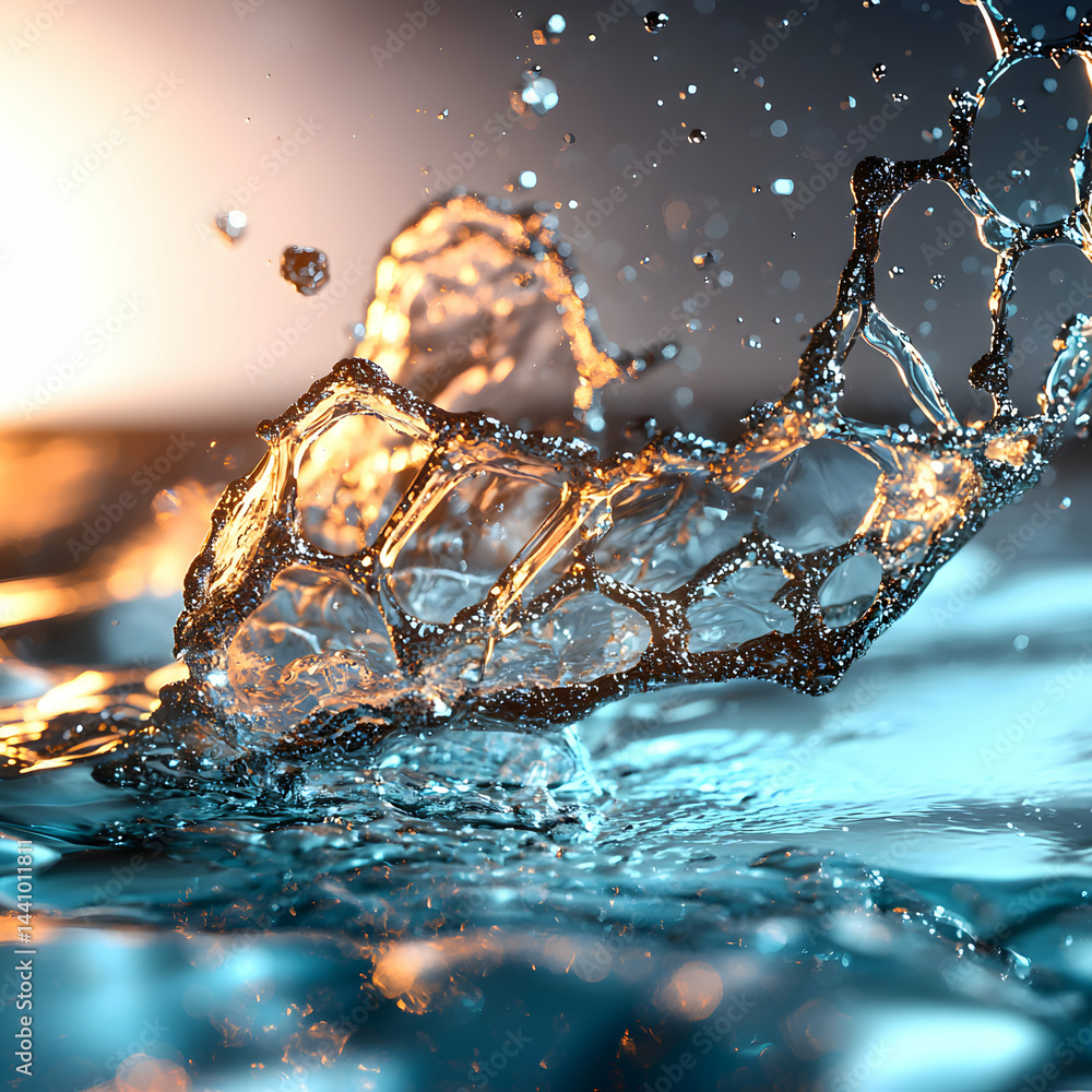 Poster a stunning close-up of water splashing creating an intricate structure. could be used in advertising