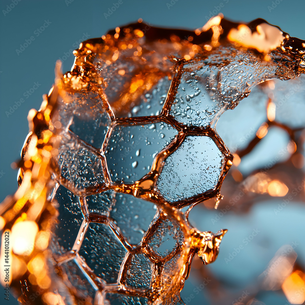 Poster abstract close-up of a honeycomb-like structure with liquid running through it. ideal for science pr