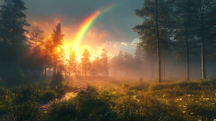 Majestic Rainbow Over Enchanted Forest With Golden Sunlight High Resolution Image
