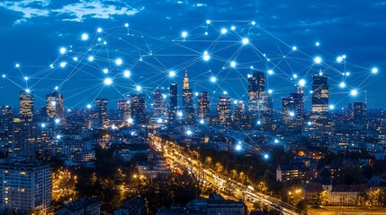 A city at night, connected by a network of glowing lines