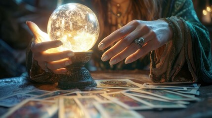 a female with crystal ball and tarot cards to prediction future. in the mystical room