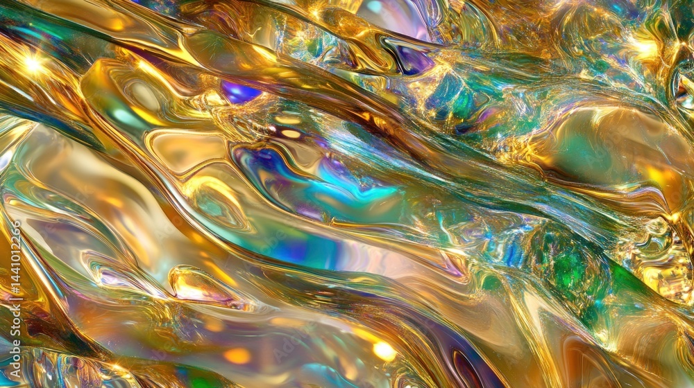 Poster abstract liquid gold and iridescent colors flow in a dynamic design.