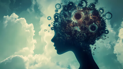 Silhouette of person with brain made of gears, symbolizing creativity and innovation. image captures essence of thought and imagination in modern setting. Thought Core. Illustration