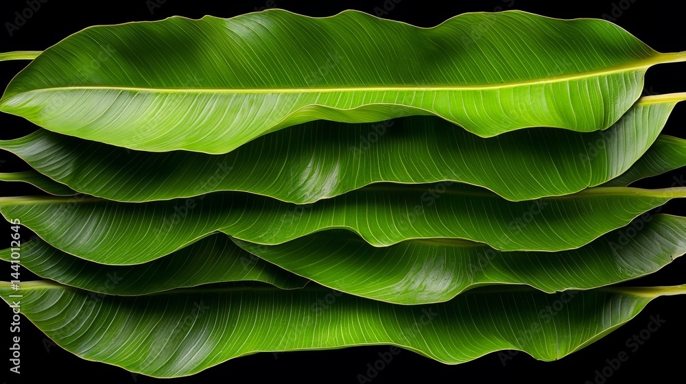 Poster Stack of green leaves with a black background. The leaves are arranged in a way that they look like they are overlapping each other. Concept of growth and abundance, as the leaves are piled up