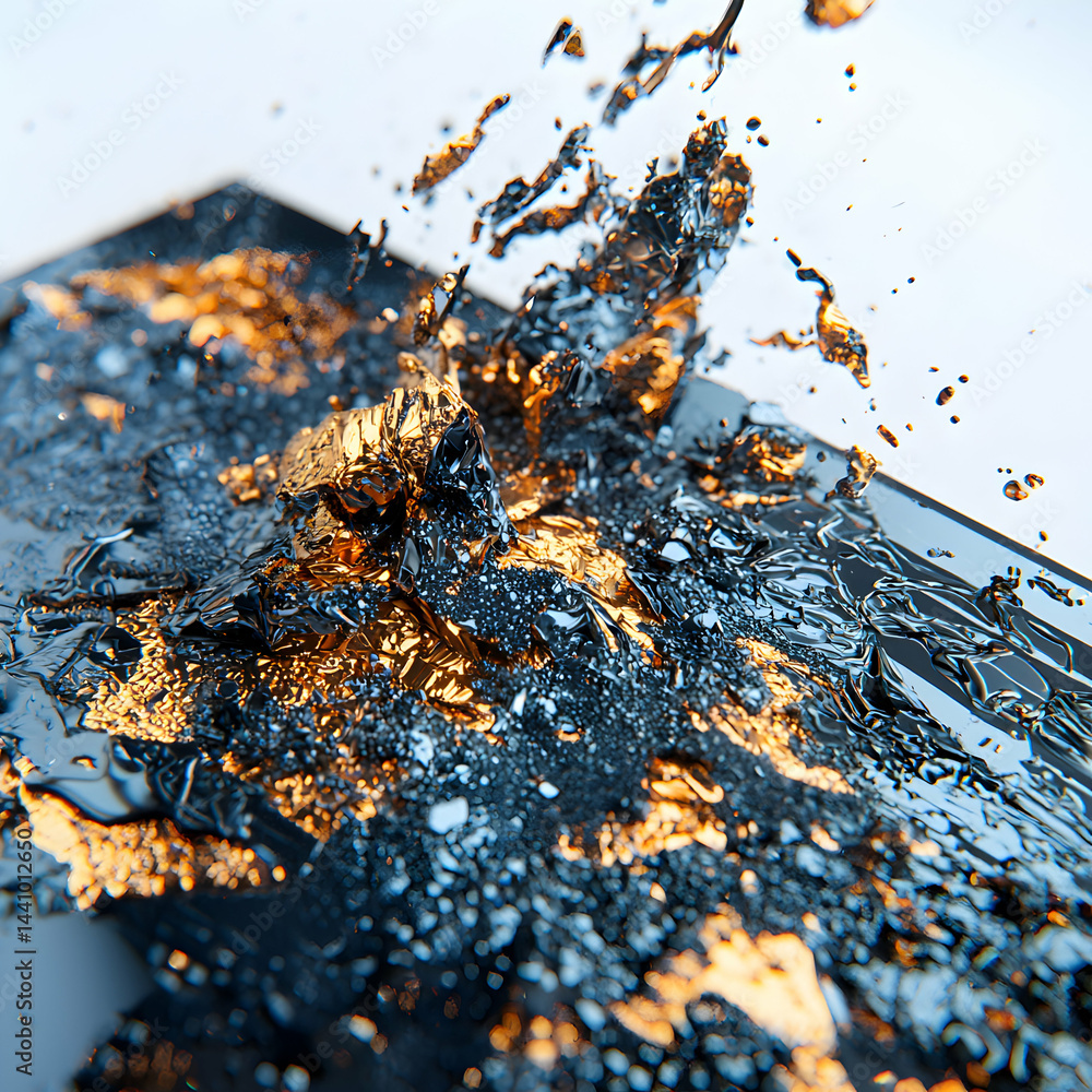 Poster an abstract image of a metallic substance exploding or splashing. looks like a rendering or conceptu