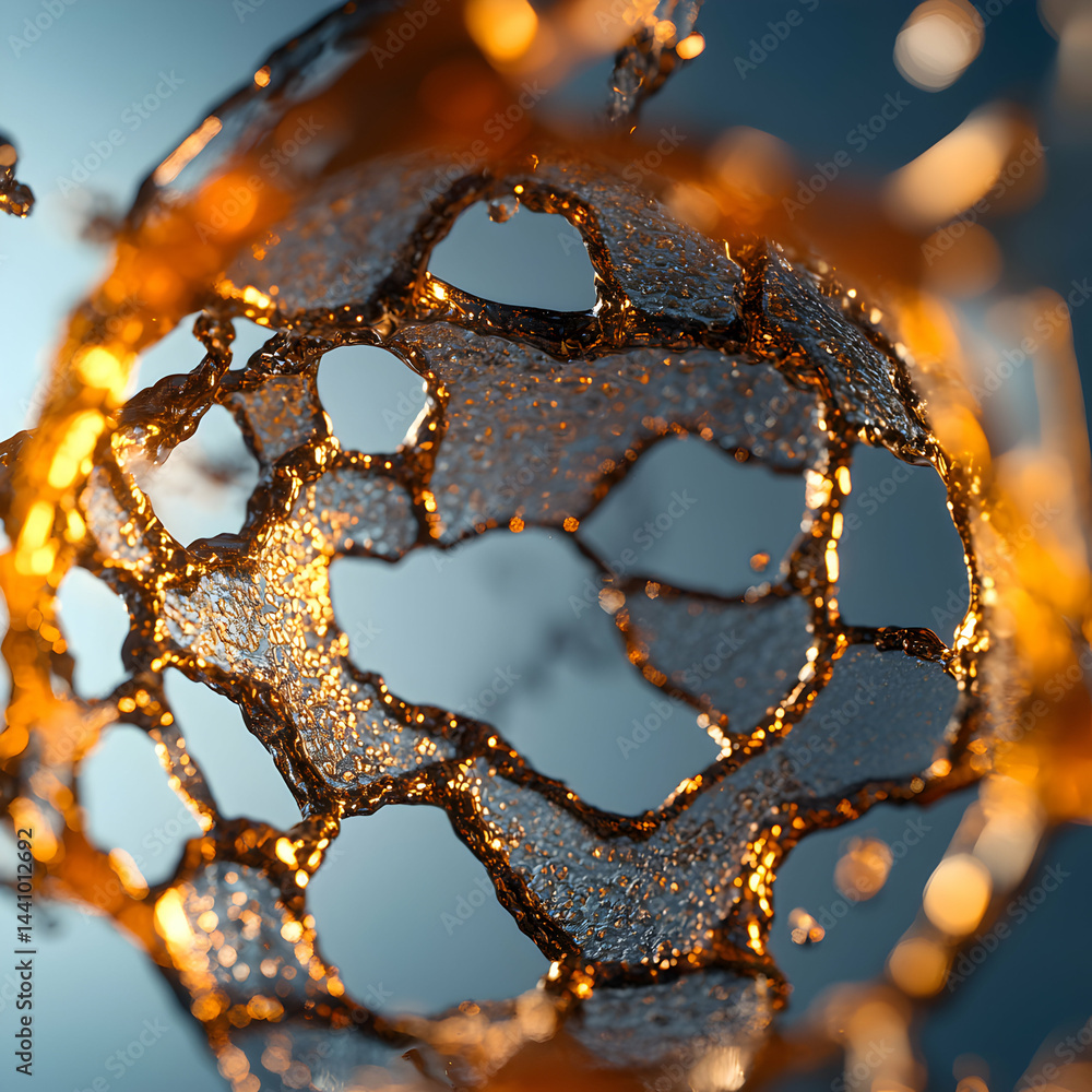 Poster abstract liquid art displays a fluid structure illuminated by gold and blue light. ideal for science
