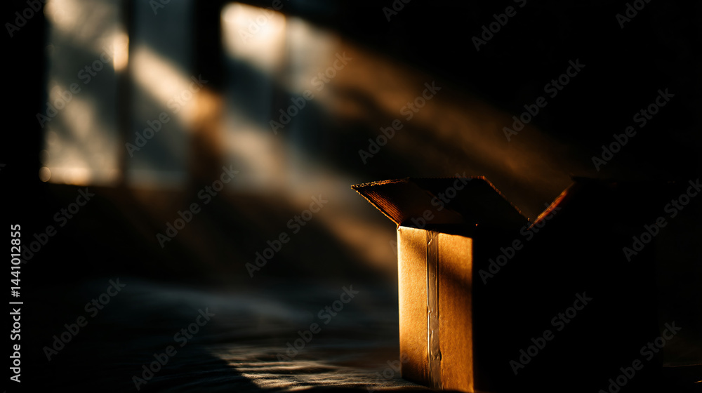 Poster empty cardboard box illuminated by sunlight streaming through a window