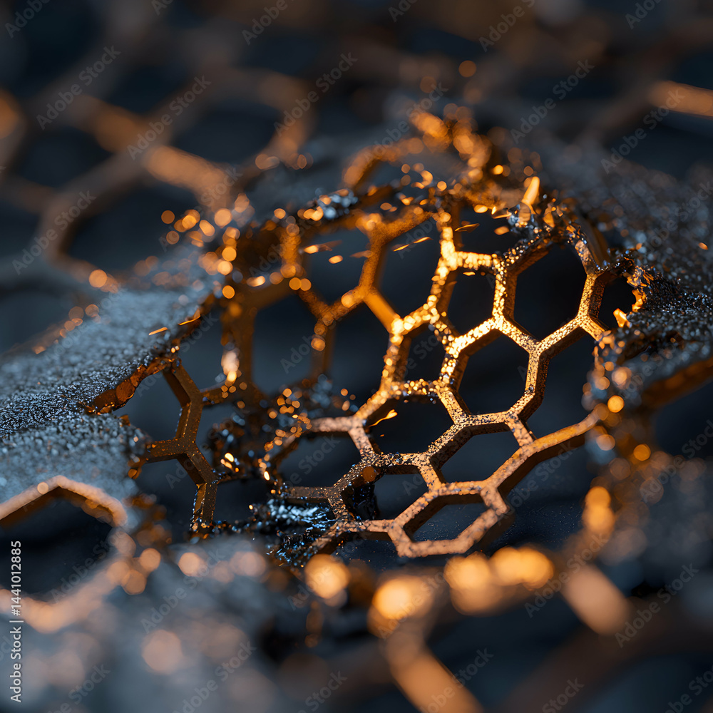Poster abstract macro image of a golden honeycomb structure. suggests advanced material science possibly fo