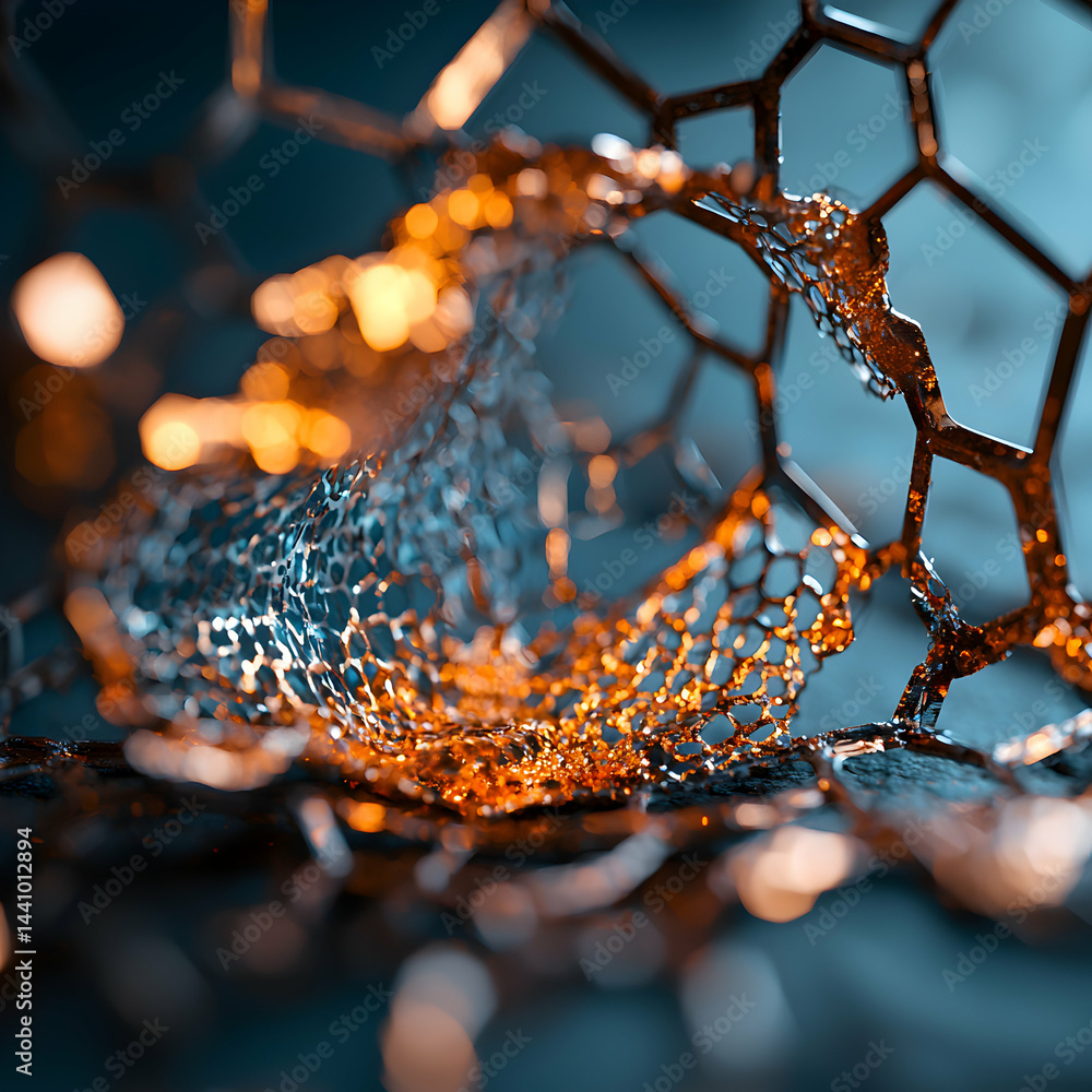 Aufkleber abstract image of intricate golden mesh with glowing highlights on a dark blue backdrop. it could be