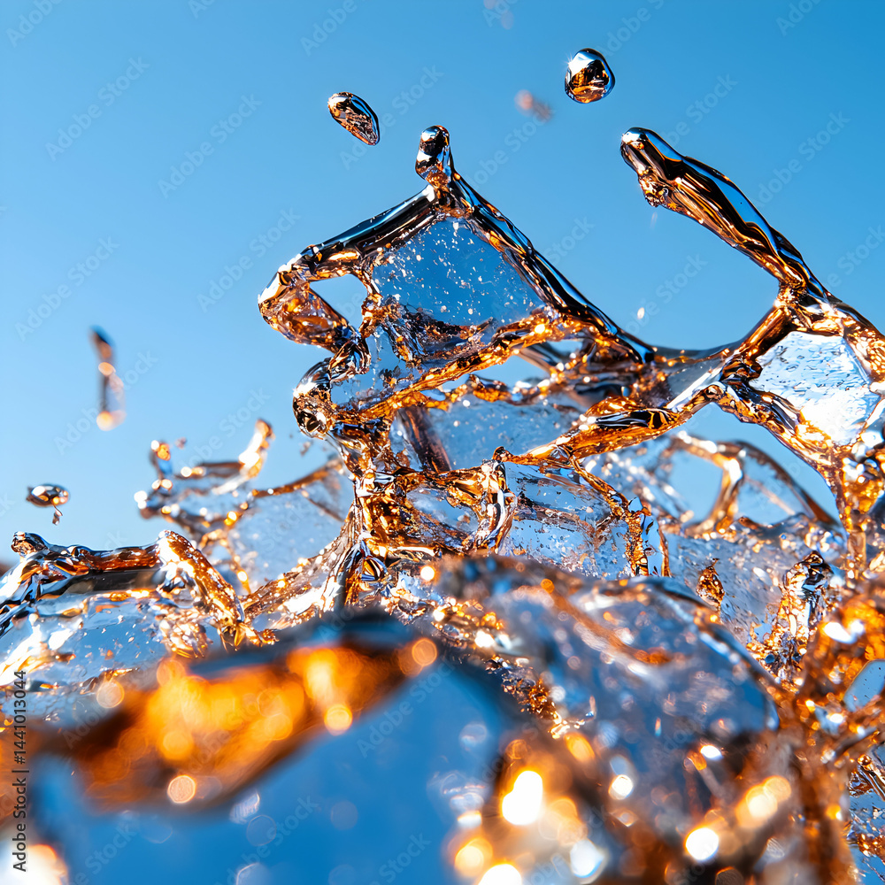 Poster dynamic water splash illuminated by golden light against a clear blue sky. suitable for product adve