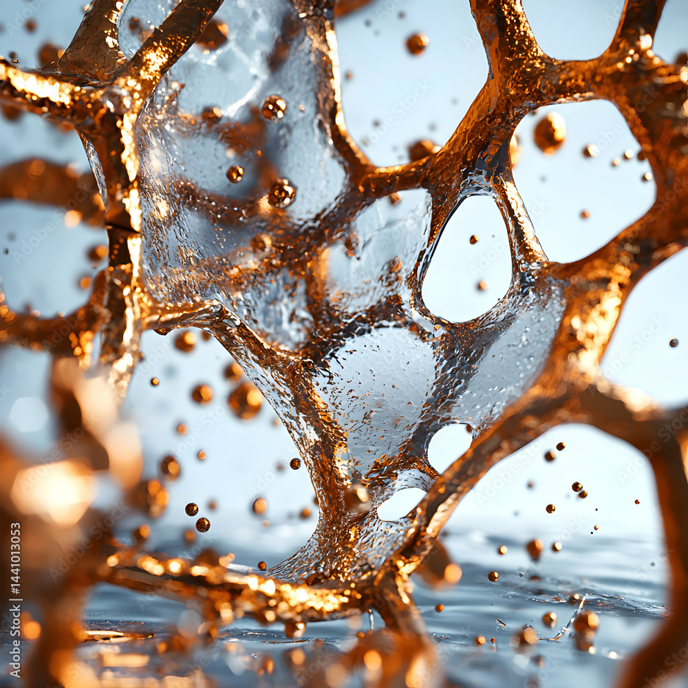 Poster abstract art depicting liquid gold interconnected with a transparent substance. suggests concepts of
