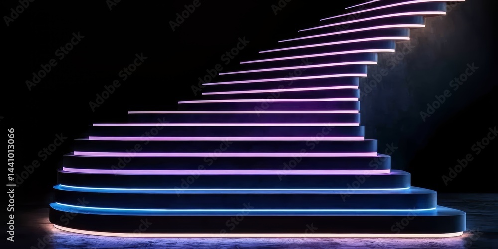 Aufkleber staircase with purple, blue, and green lights. the staircase is lit up and he is a part of a futuris