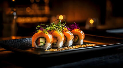 A beautifully plated dish of sushi with colorful garnishes on a black plate.