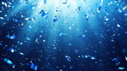 Blue celebration background with confetti and ribbons on ray light, festive blue design, party backdrop, event decoration, confetti, background, party
