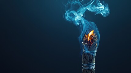 A smoldering sage stick with wispy blue smoke rising against a dark background.