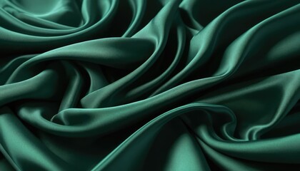 Green luxurious silk satin fabric with a smooth, shiny wave texture