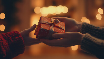 Close-up of hands exchanging gifts, one person handing over wrapped present to another during special event at home.