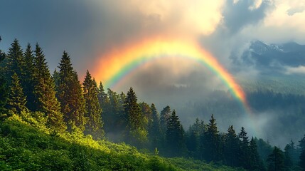 Majestic Rainbow Over Mountain Forest High Resolution Image Natural Light Scenery